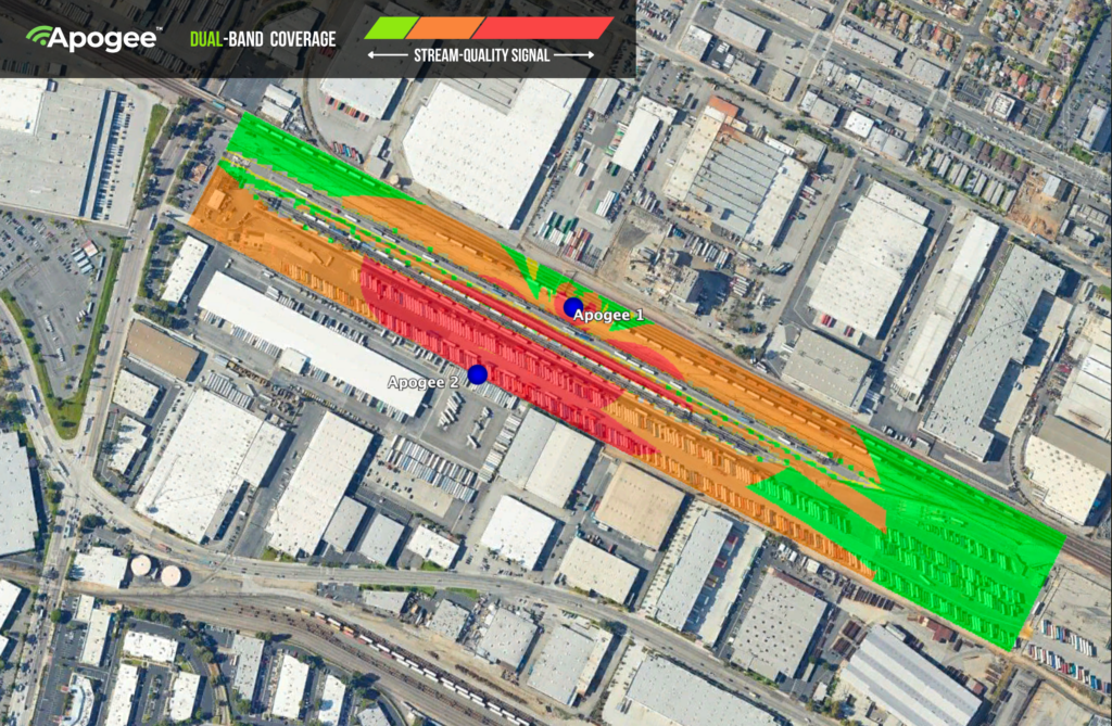 Coverage illustration of the rail yard deployment using two Apogee antennas.