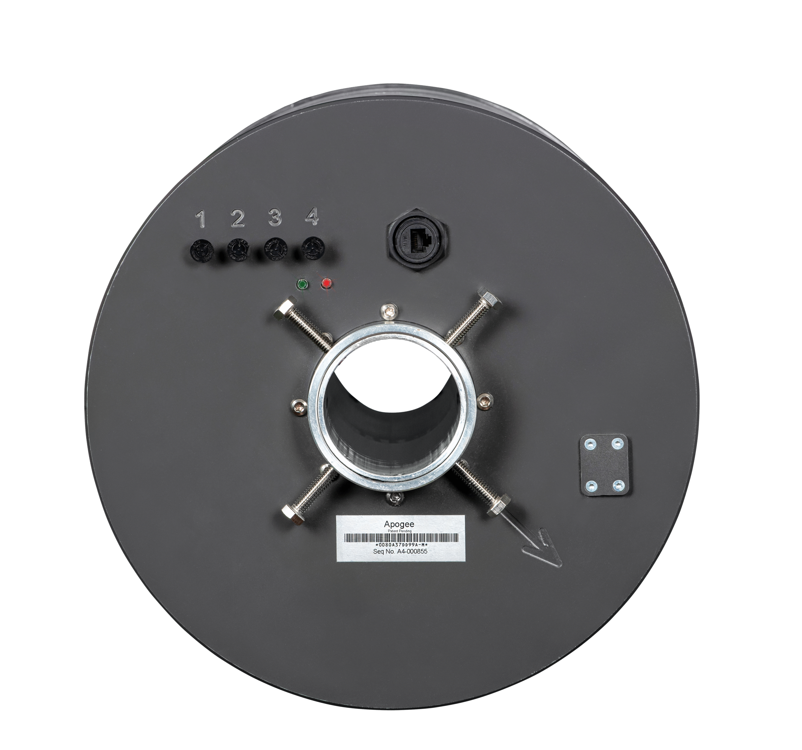 Apogee 360 base, showing the four RF ports and PoE connector